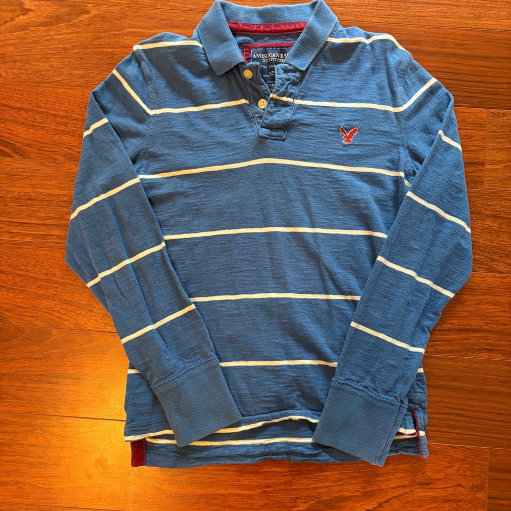 Y2K American Eagle The Eagle Polo Blue Striped Long Sleeve Cotton Shirt Small S